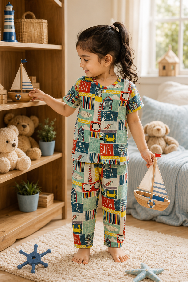 Sea Vibes |Half Sleeves| Checkered Muslin| Soft Unisex Muslin Set for New Born to 6 Years