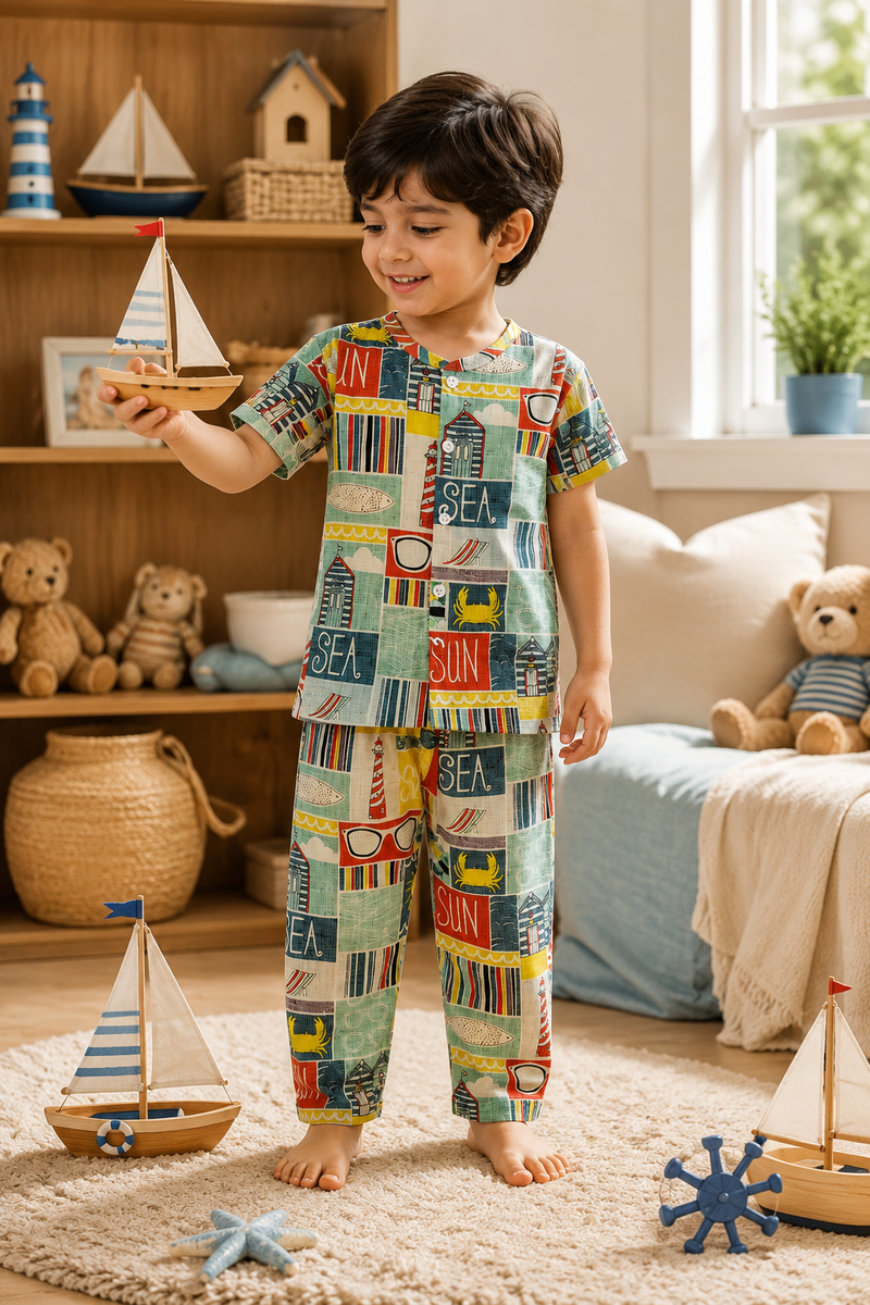 Sea Vibes |Half Sleeves| Checkered Muslin| Soft Unisex Muslin Set for New Born to 6 Years