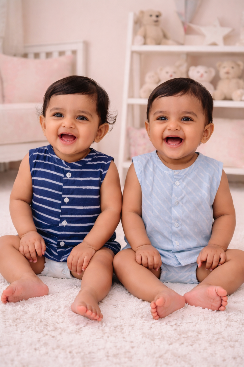 Set of 2 100% Cotton Muslin Jhablas | Sleeveless Baby Jhablas - Navy Stripes Plus