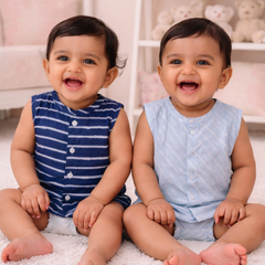 Set of 2 100% Cotton Muslin Jhablas | Sleeveless Baby Jhablas - Navy Stripes Plus