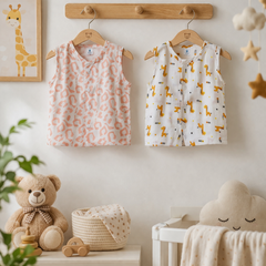 Set of 2 100% Cotton Muslin Jhablas | Sleeveless Baby Jhablas - Giraffe Plus