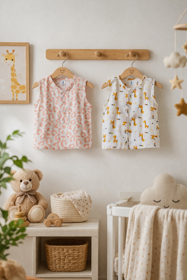Set of 2 100% Cotton Muslin Jhablas | Sleeveless Baby Jhablas - Giraffe Plus