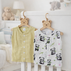 Set of 2 100% Cotton Muslin Jhablas | Sleeveless Baby Jhablas - Panda Leaves Plus
