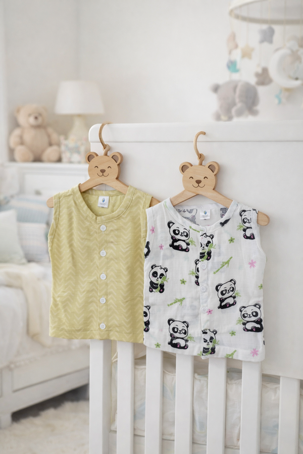 Set of 2 100% Cotton Muslin Jhablas | Sleeveless Baby Jhablas - Panda Leaves Plus