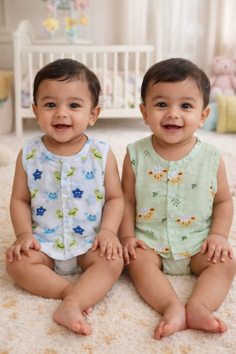 Set of 2 100% Cotton Muslin Jhablas | Sleeveless Baby Jhablas - Starsy Plus