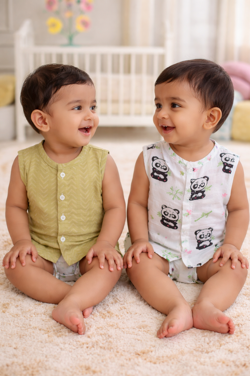 Set of 2 100% Cotton Muslin Jhablas | Sleeveless Baby Jhablas - Panda Leaves Plus
