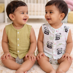 Set of 2 100% Cotton Muslin Jhablas | Sleeveless Baby Jhablas - Panda Leaves Plus