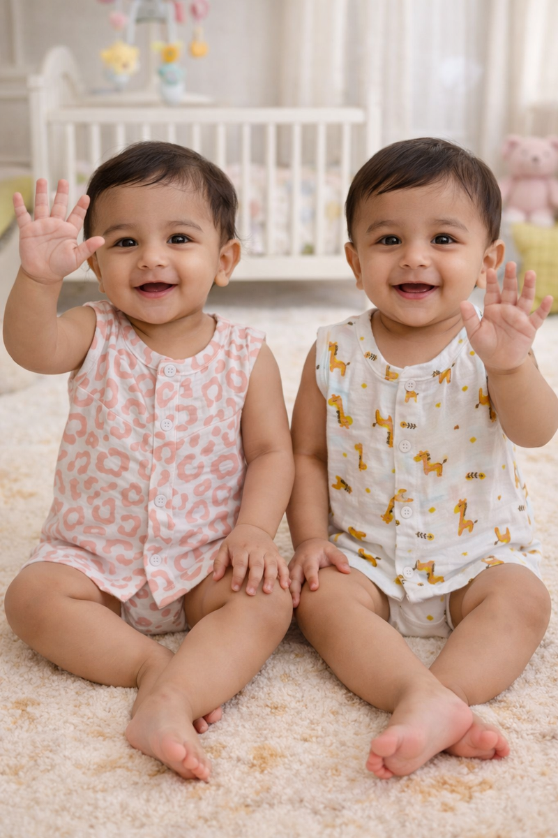 Set of 2 100% Cotton Muslin Jhablas | Sleeveless Baby Jhablas - Giraffe Plus