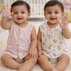 Set of 2 100% Cotton Muslin Jhablas | Sleeveless Baby Jhablas - Giraffe Plus