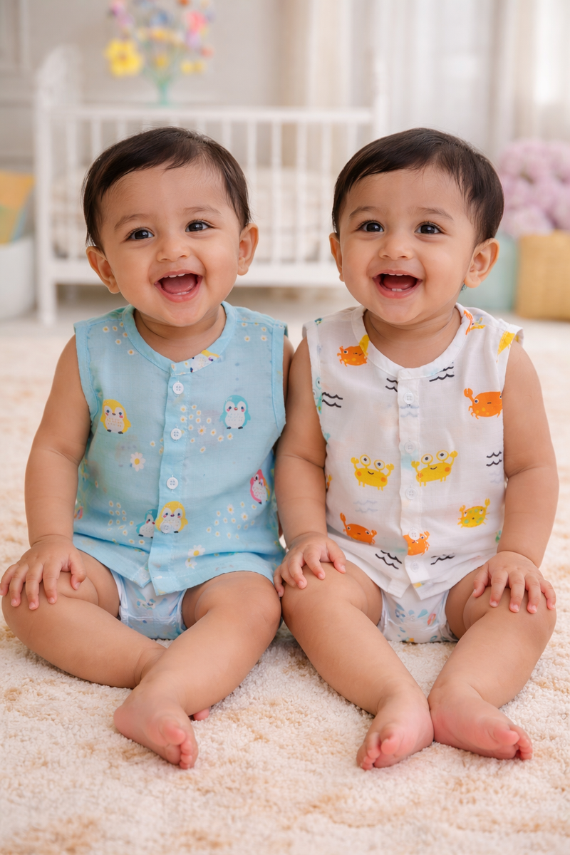 Set of 2 100% Cotton Muslin Jhablas | Sleeveless Baby Jhablas - Blue Penguin Plus