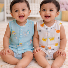 Set of 2 100% Cotton Muslin Jhablas | Sleeveless Baby Jhablas - Blue Penguin Plus