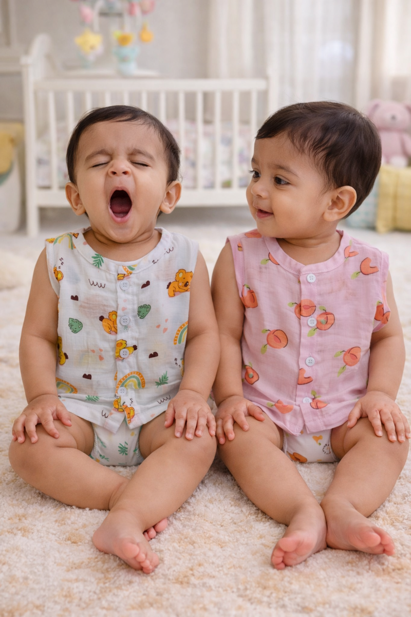 Set of 2 100% Cotton Muslin Jhablas | Sleeveless Baby Jhablas - Orange Koala Plus