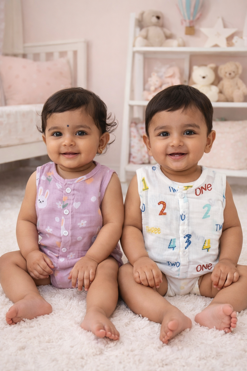 Set of 2 100% Cotton Muslin Jhablas | Sleeveless Baby Jhablas - Pink Bunny Plus