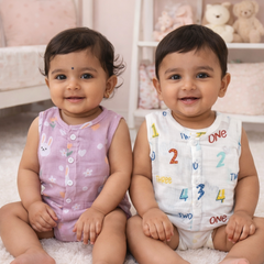 Set of 2 100% Cotton Muslin Jhablas | Sleeveless Baby Jhablas - Pink Bunny Plus