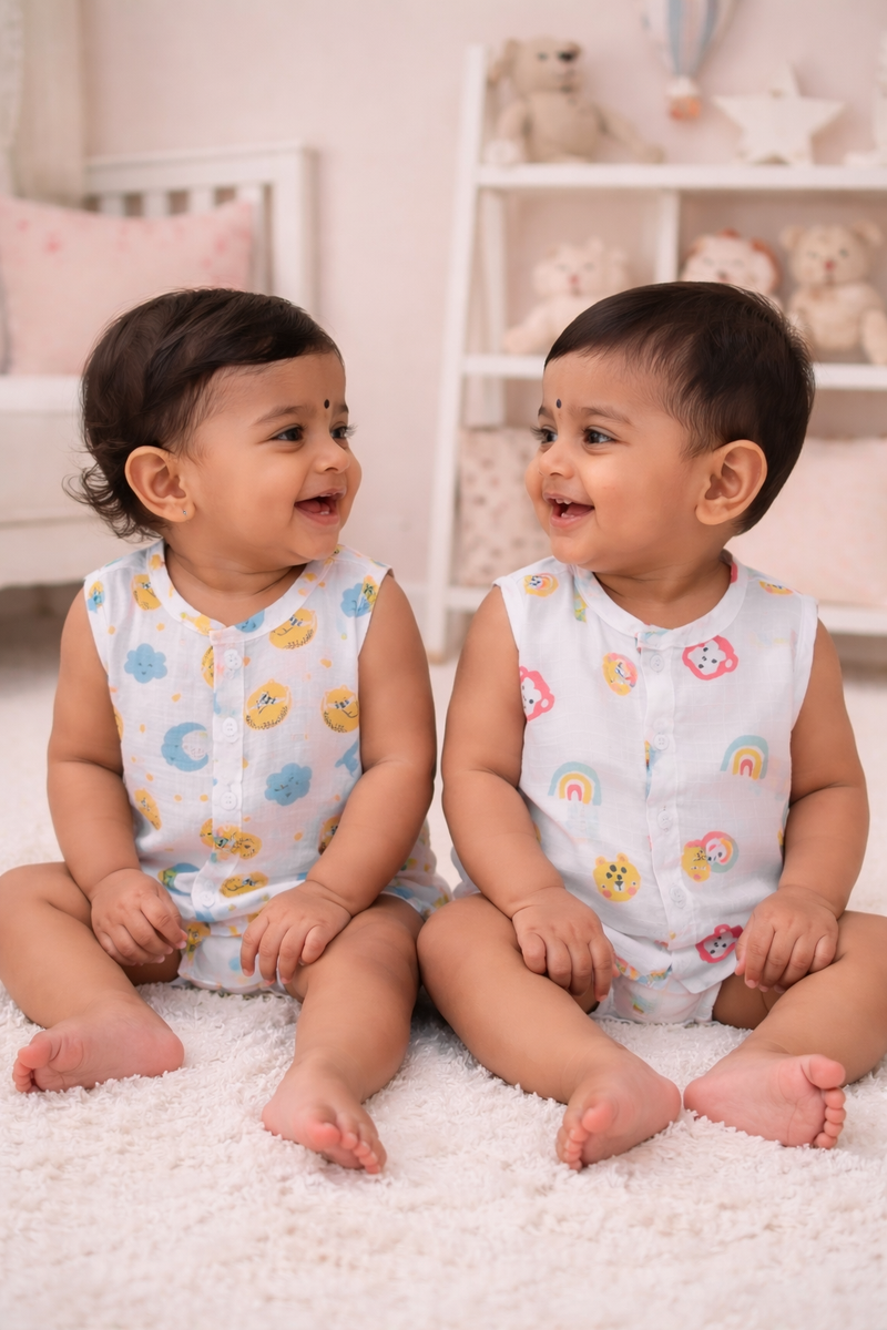 Set of 2 100% Cotton Muslin Jhablas | Sleeveless Baby Jhablas - Sun Moon Plus