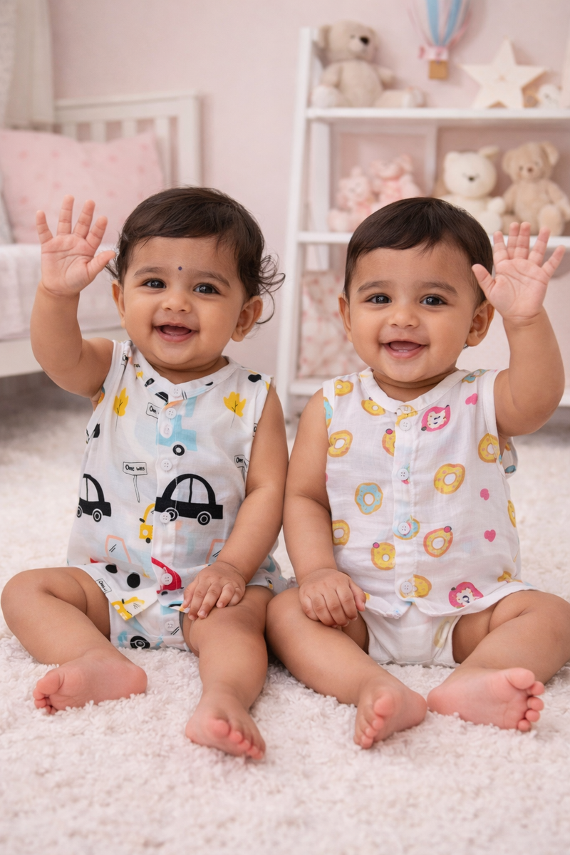 Set of 2 100% Cotton Muslin Jhablas | Sleeveless Baby Jhablas - Cars Plus