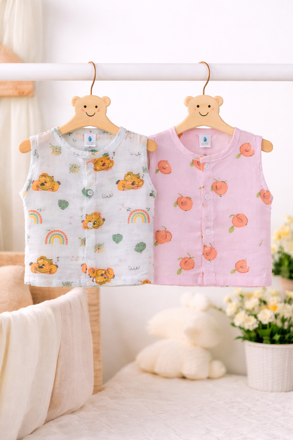 Set of 2 100% Cotton Muslin Jhablas | Sleeveless Baby Jhablas - Orange Koala Plus