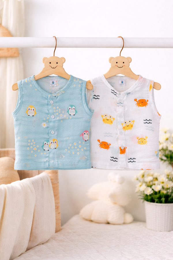 Set of 2 100% Cotton Muslin Jhablas | Sleeveless Baby Jhablas - Blue Penguin Plus