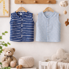 Set of 2 100% Cotton Muslin Jhablas | Sleeveless Baby Jhablas - Navy Stripes Plus