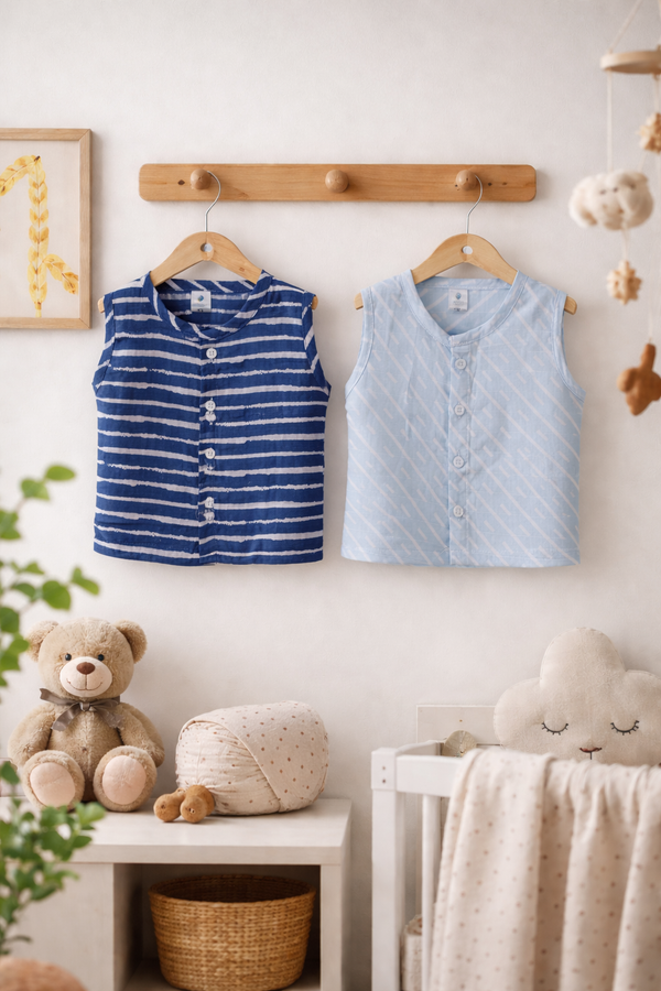 Set of 2 100% Cotton Muslin Jhablas | Sleeveless Baby Jhablas - Navy Stripes Plus