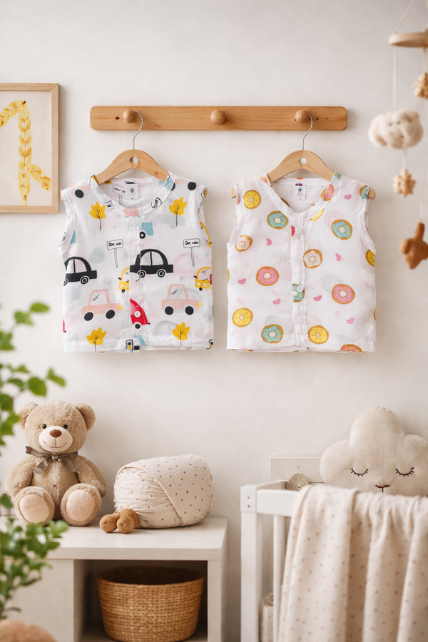 Set of 2 100% Cotton Muslin Jhablas | Sleeveless Baby Jhablas - Cars Plus