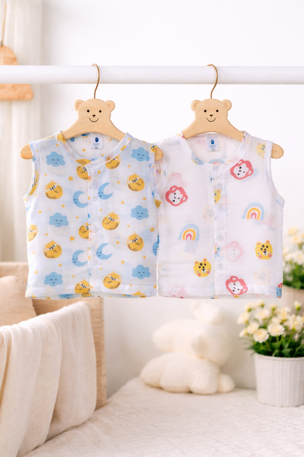 Set of 2 100% Cotton Muslin Jhablas | Sleeveless Baby Jhablas - Sun Moon Plus