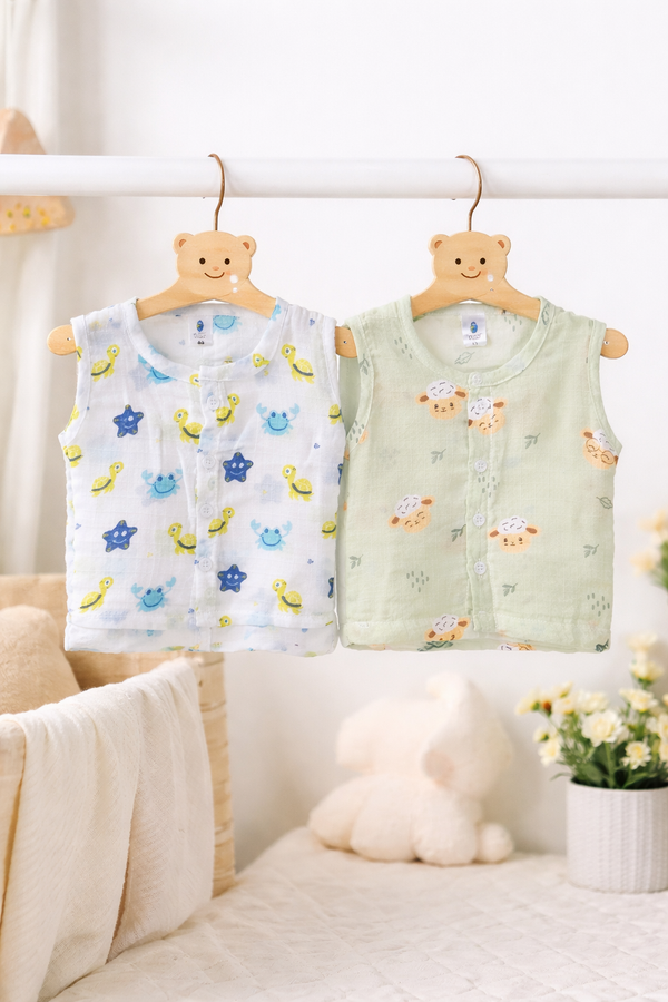 Set of 2 100% Cotton Muslin Jhablas | Sleeveless Baby Jhablas - Starsy Plus
