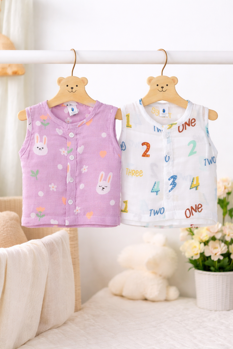Set of 2 100% Cotton Muslin Jhablas | Sleeveless Baby Jhablas - Pink Bunny Plus