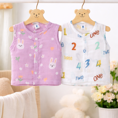 Set of 2 100% Cotton Muslin Jhablas | Sleeveless Baby Jhablas - Pink Bunny Plus