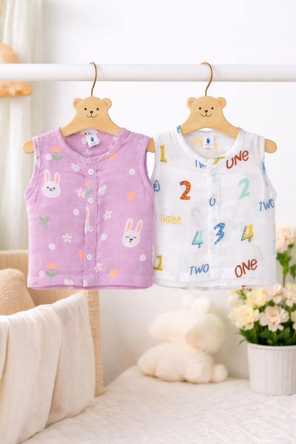 Set of 2 100% Cotton Muslin Jhablas | Sleeveless Baby Jhablas - Pink Bunny Plus