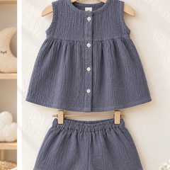 Dark Grey Baby Girl Sleeveless Top and Shorts Set | Premium Crinkled Double Layered Muslin
