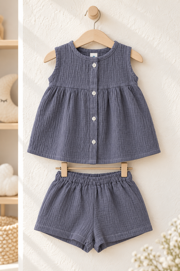Dark Grey Baby Girl Sleeveless Top and Shorts Set | Premium Crinkled Double Layered Muslin