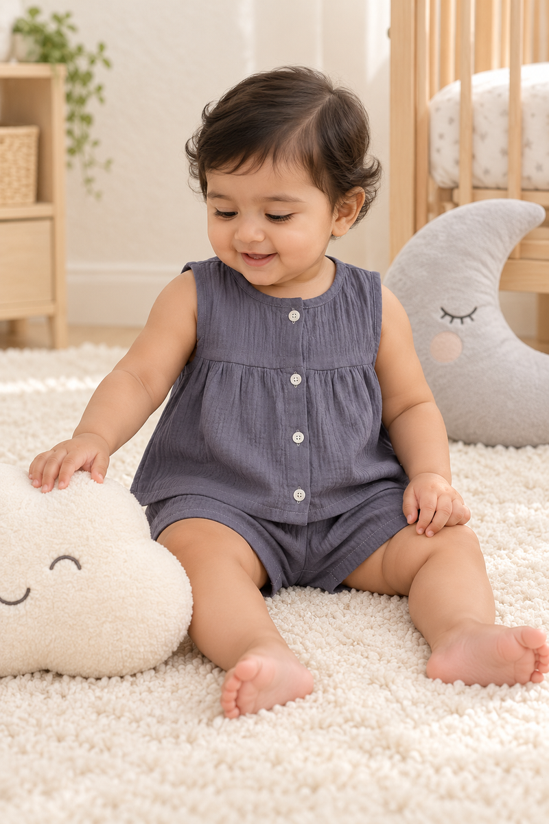 Dark Grey Baby Girl Sleeveless Top and Shorts Set | Premium Crinkled Double Layered Muslin