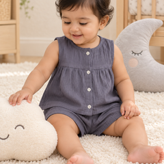 Dark Grey Baby Girl Sleeveless Top and Shorts Set | Premium Crinkled Double Layered Muslin