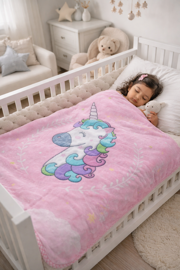 Kradyl Kroft Plush Double Layered Velvet with Two Side Printed Kids Blanket - Pink Unicorn
