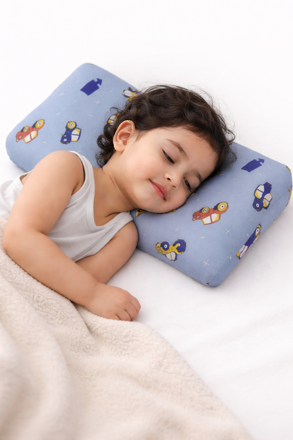 Kradyl Kroft Cervical Memory Foam Pillow for Kids 3 to 8 Yrs - Blue Wheels