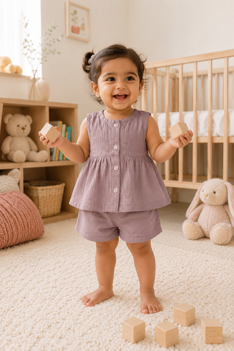 Pink Baby Girl Sleeveless Top and Shorts Set | Premium Crinkled Double Layered Muslin