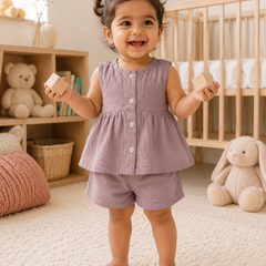 Pink Baby Girl Sleeveless Top and Shorts Set | Premium Crinkled Double Layered Muslin