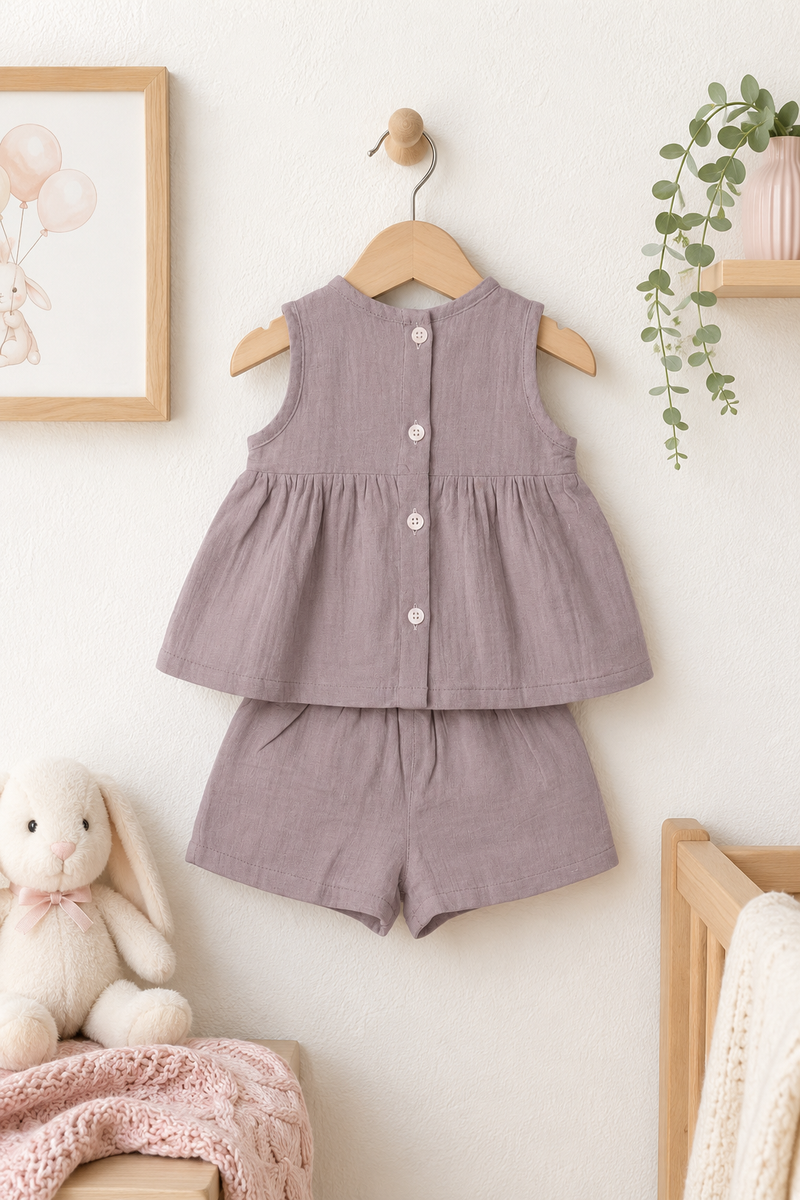 Pink Baby Girl Sleeveless Top and Shorts Set | Premium Crinkled Double Layered Muslin