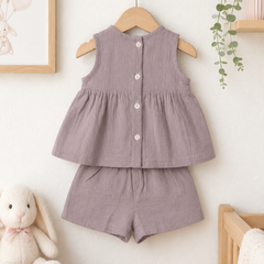 Pink Baby Girl Sleeveless Top and Shorts Set | Premium Crinkled Double Layered Muslin