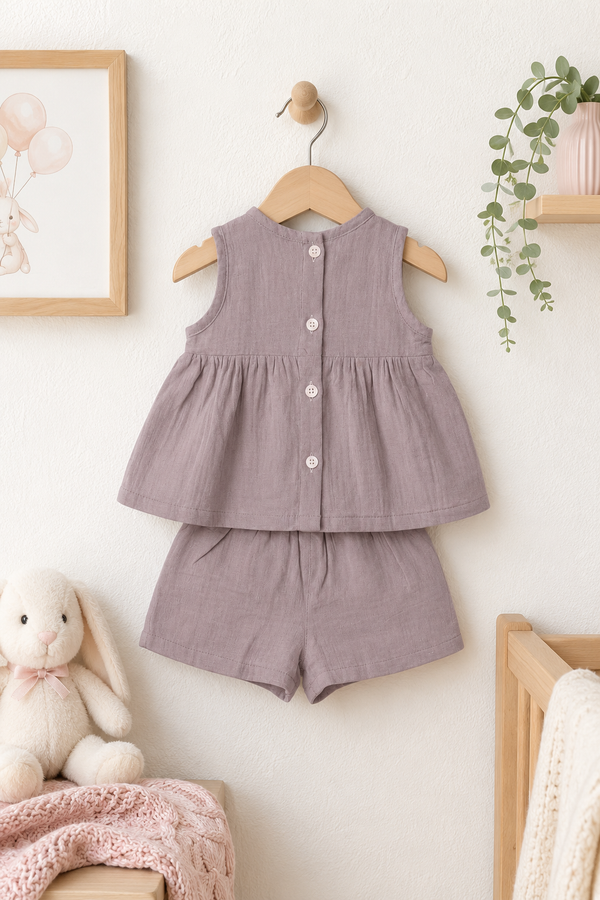 Pink Baby Girl Sleeveless Top and Shorts Set | Premium Crinkled Double Layered Muslin