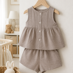 Beige Baby Girl Sleeveless Top and Shorts Set | Premium Crinkled Double Layered Muslin