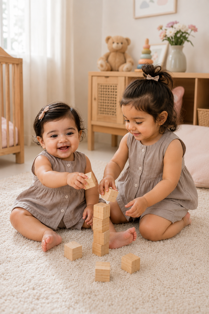 Beige Baby Girl Sleeveless Top and Shorts Set | Premium Crinkled Double Layered Muslin