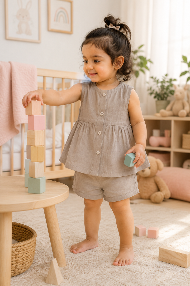 Beige Baby Girl Sleeveless Top and Shorts Set | Premium Crinkled Double Layered Muslin