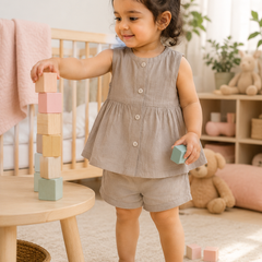 Beige Baby Girl Sleeveless Top and Shorts Set | Premium Crinkled Double Layered Muslin