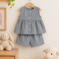 Grey Baby Girl Sleeveless Top and Shorts Set | Premium Crinkled Double Layered Muslin