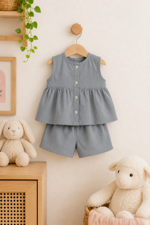 Grey Baby Girl Sleeveless Top and Shorts Set | Premium Crinkled Double Layered Muslin