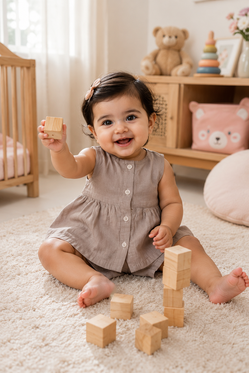 Beige Baby Girl Sleeveless Top and Shorts Set | Premium Crinkled Double Layered Muslin