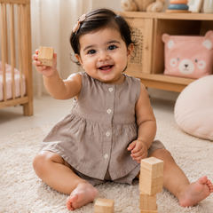 Beige Baby Girl Sleeveless Top and Shorts Set | Premium Crinkled Double Layered Muslin