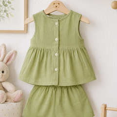Lime Green Baby Girl Sleeveless Top and Shorts Set | Premium Crinkled Double Layered Muslin